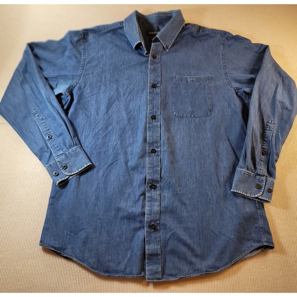 Orvis Tech Denim Men's Button Down Casual Shirt Cotton Large Blue